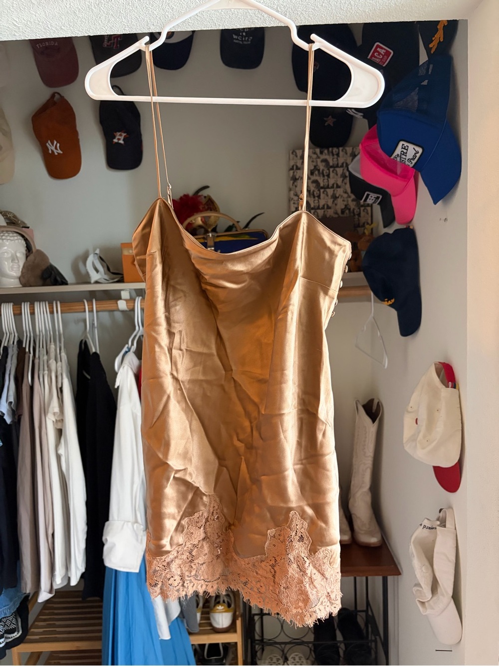 Reformation Bronze Satin Lace-Trim Slip Camisole